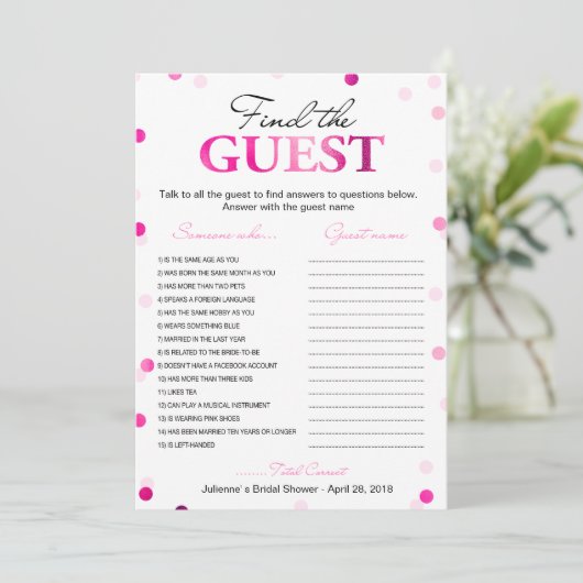 Brautparty Suchen des Gastes | Magenta Confetti Einladung (Stehend Vorderseite)