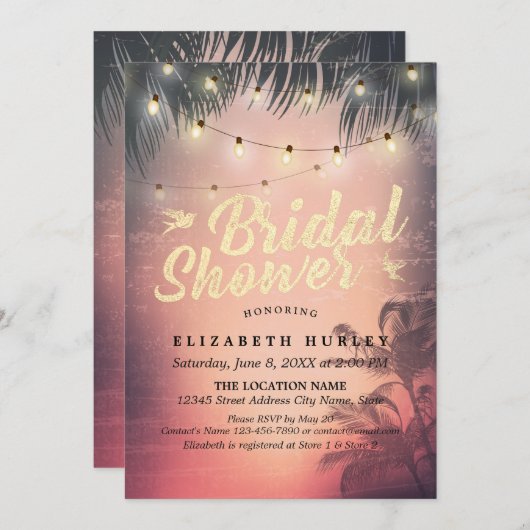 Brautparty Summer Beach Palm Tree String Light Einladung (Vorne/Hinten)