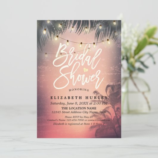 Brautparty Summer Beach Palm Tree String Light Einladung (Stehend Vorderseite)