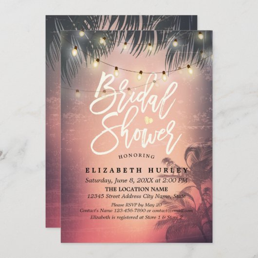 Brautparty Summer Beach Palm Tree String Light Einladung (Vorne/Hinten)