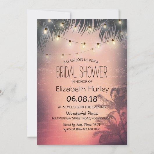 Brautparty Summer Beach Palm Tree String Light Einladung (Vorderseite)