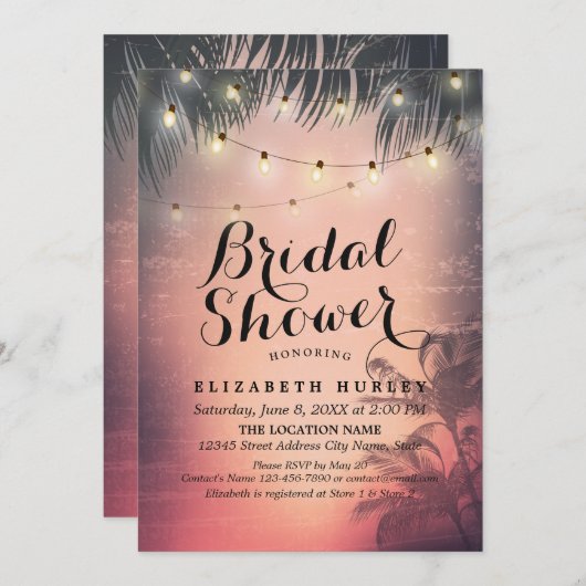 Brautparty Summer Beach Palm Tree String Light Einladung (Vorne/Hinten)