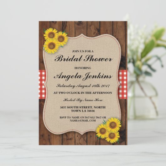 Brautparty Sunflower Wood Burlap Floral Einladung (Stehend Vorderseite)