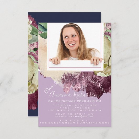 Brautparty Sweet 16. Foto Navy Lila Floral Einladung (Vorne/Hinten)