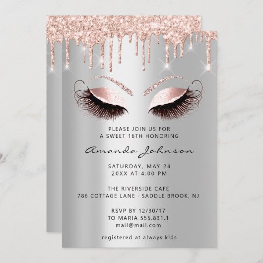 Brautparty Sweet 16. Glitzer Pink Silver Tropfen Einladung (Vorne/Hinten)