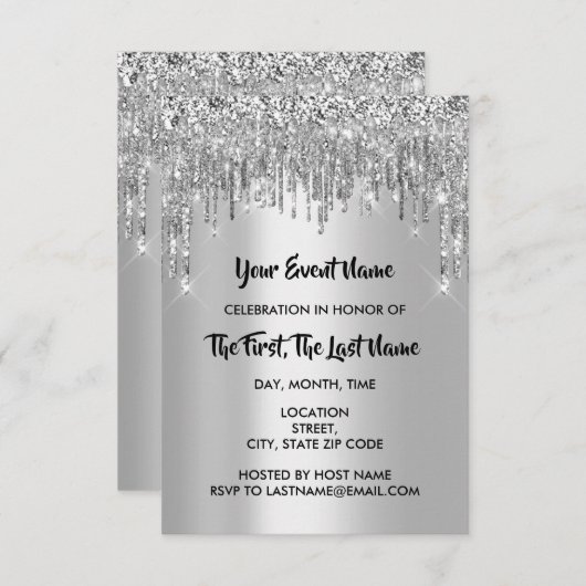 Brautparty Sweet 16. Gray Silver Glitzer Tropfen Einladung (Vorne/Hinten)