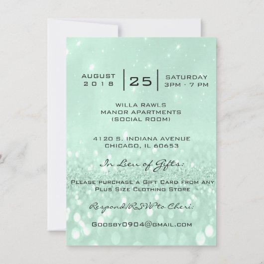 Brautparty Sweet 16. Mint Green Glitzer Einladung (Rückseite)