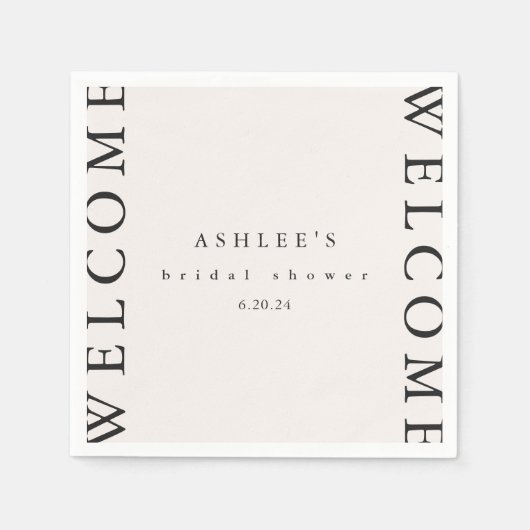Brautparty Taupe und Schwarze Typografie Willkomme Serviette (Vorderseite)