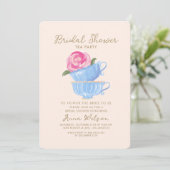 BRAUTPARTY TEA PARTY BLUME PINK BLUE EINLADUNG (Stehend Vorderseite)