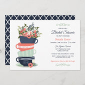 Brautparty Tea Party Einladung | Blue & Coral (Vorne/Hinten)