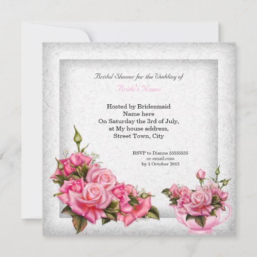 Brautparty Tea Wedding Hübsch Pink Rose Bouquet Einladung (Rückseite)