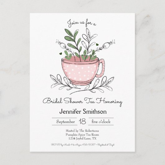 Brautparty Tea Whimsical Hand Drawn Tee Cup Einladungspostkarte (Vorderseite)