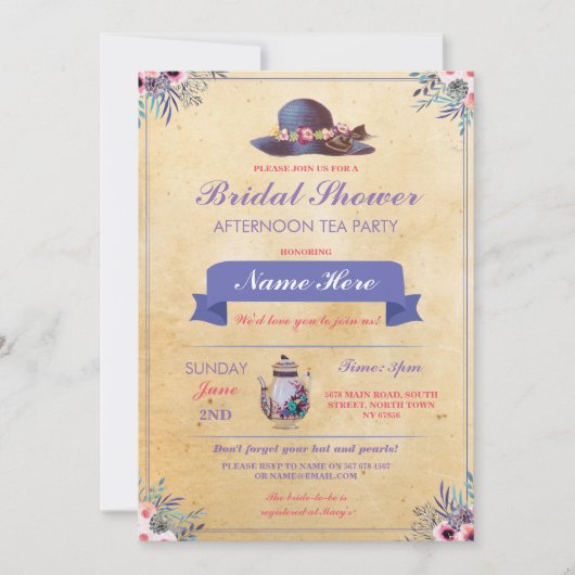 Brautparty Teapot Hat Afternoon Garden Party Einladung (Vorderseite)