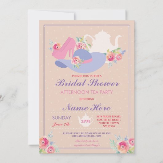 Brautparty Teapot Hat Schuhe Junggeselinnen-Abschi Einladung (Vorderseite)