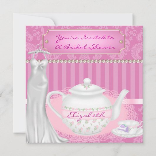Brautparty Teapot & Teacup Damask Design Einladung (Vorderseite)