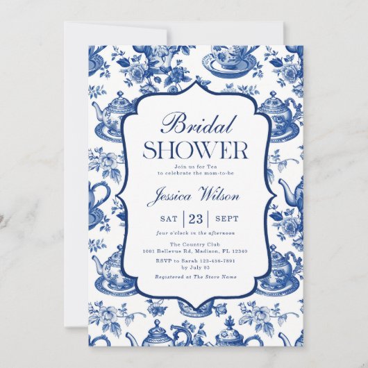 Brautparty Tee Party Blau Weißes Chinoiserie Einladung (Vorderseite)