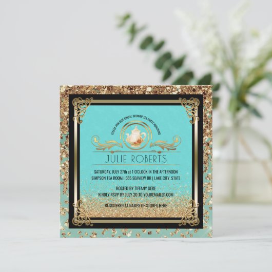 Brautparty Tee Party Blue Gold Einladung (Stehend Vorderseite)