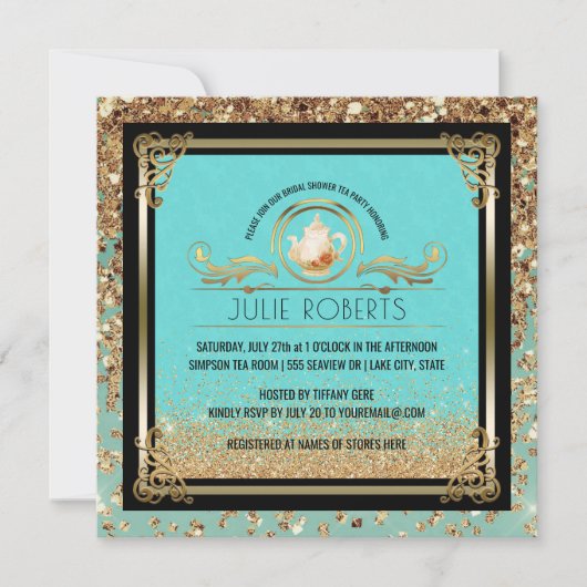 Brautparty Tee Party Blue Gold Einladung (Vorderseite)