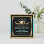 Brautparty Tee Party Blue Gold Glitzer Einladung (Stehend Vorderseite)