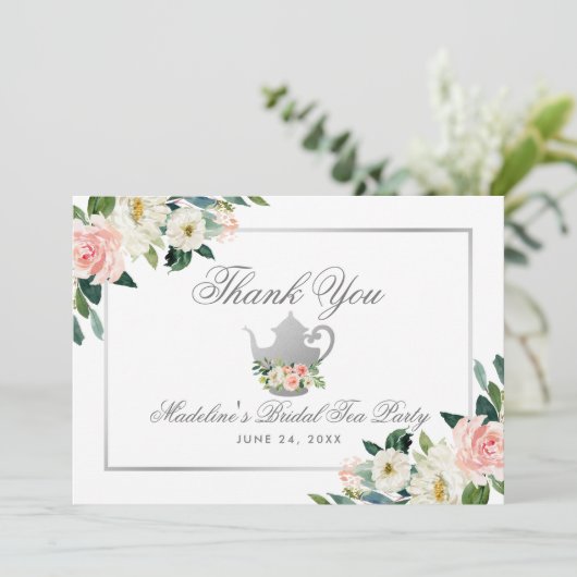 Brautparty Tee Party Dank Pink Floral Silver Einladung (Stehend Vorderseite)
