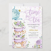 Brautparty Tee Party Lila und Gold florale Einladung (Vorderseite)
