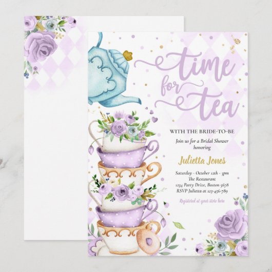 Brautparty Tee Party Lila und Gold florale Einladung (Vorne/Hinten)
