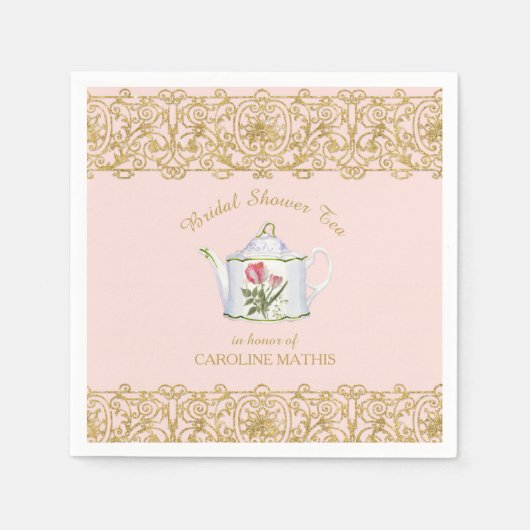 Brautparty Tee Party Luncheon Pink Gold Flora Serviette (Vorderseite)