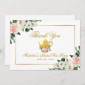 Brautparty Tee Party Rosa Blumengold Dank Dankeskarte (Vorne/Hinten)