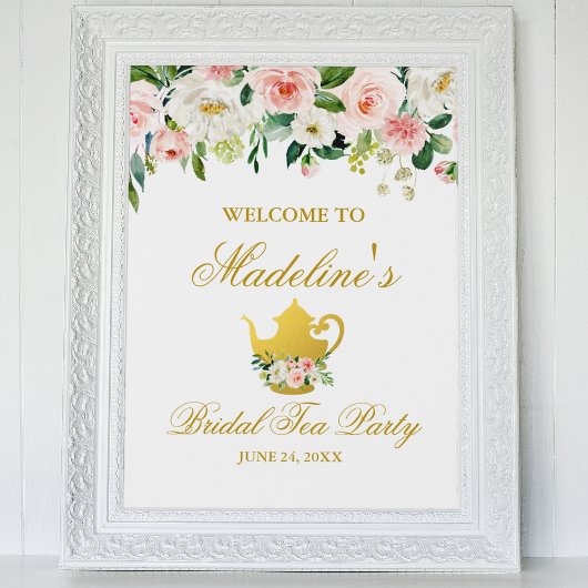 Brautparty Tee Party Rosa Blütengolden Willkommen Poster
