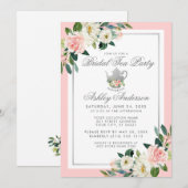 Brautparty Tee Party Rosa Blütensilber Einladung (Vorne/Hinten)
