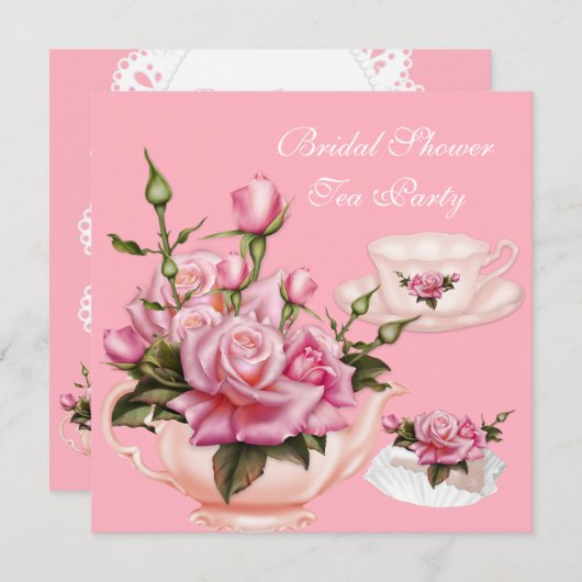 Brautparty Tee Party Rosa Teekanne 2 Einladung (Vorne/Hinten)