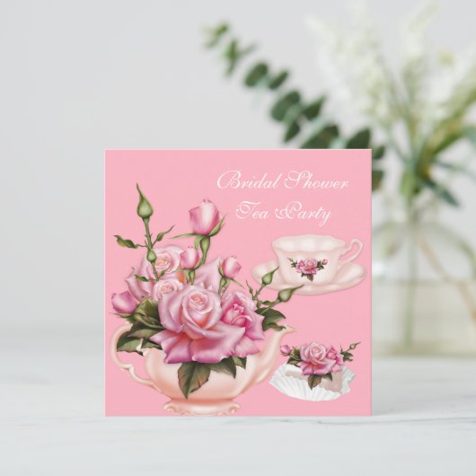 Brautparty Tee Party Rosa Teekanne 2 Einladung (Stehend Vorderseite)