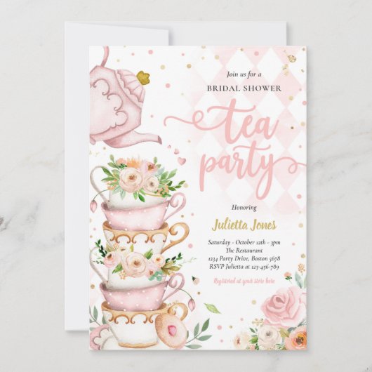 Brautparty Tee Party Rosa und goldene Blüte Einladung (Vorderseite)