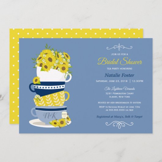 Brautparty Tee Party Sonnenblumen | Blau und Gelb Einladung (Vorne/Hinten)