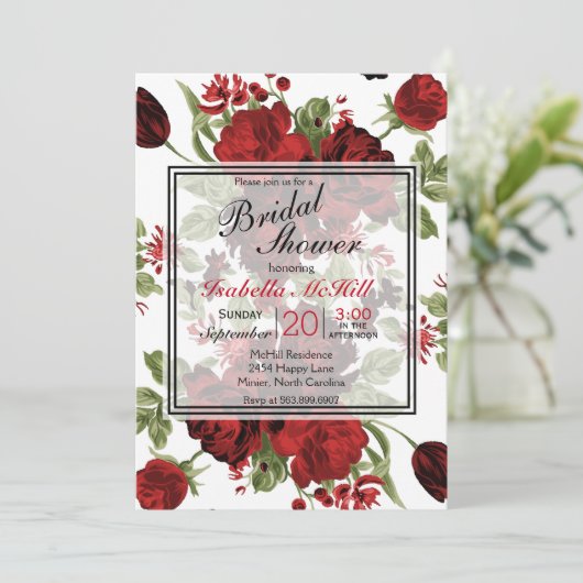 Brautparty - Tiefe Rote Rosen Einladung (Stehend Vorderseite)