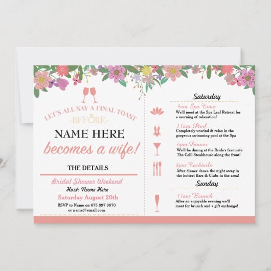 Brautparty Toast Blumenkoralle Rosa Einladung (Vorderseite)