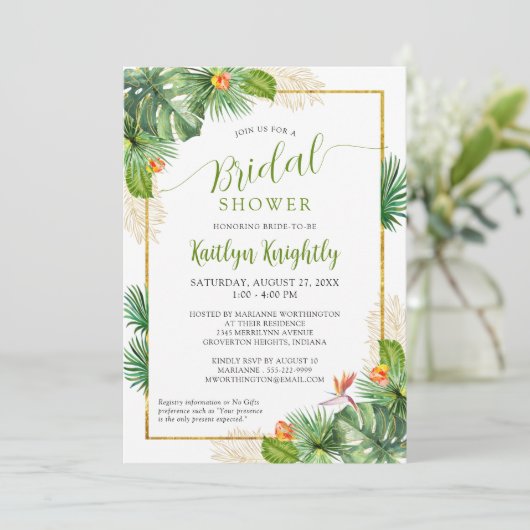 Brautparty Tropical Palm Watercolor Green Gold Einladung (Stehend Vorderseite)