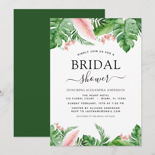 Brautparty Tropical Palme Floral Watercolor Einladung (Vorne/Hinten)