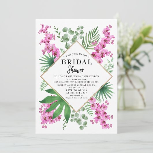 Brautparty Tropische Flora QR Code Boho Einladung (Stehend Vorderseite)