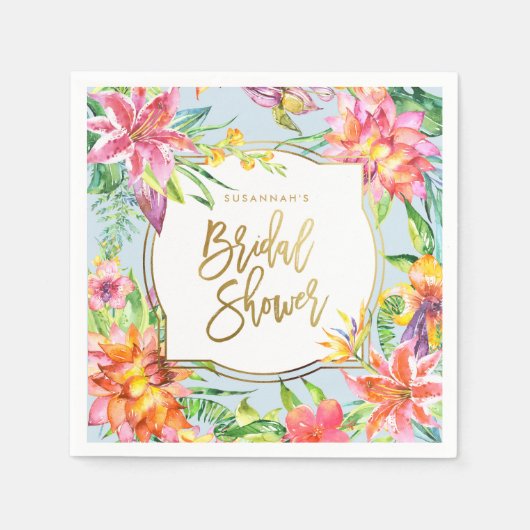 Brautparty | Tropischer Sommer Wasserfarben Gold Serviette (Vorderseite)