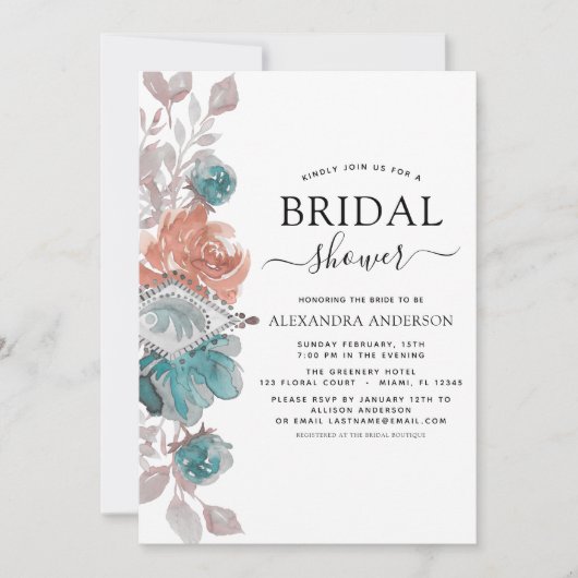 Brautparty Türkis Rosa Blume Einladung (Vorderseite)