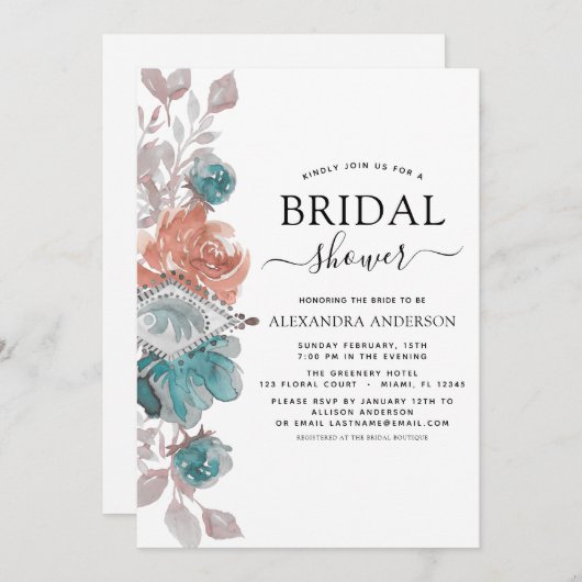 Brautparty Türkis Rosa Blume Einladung (Vorne/Hinten)