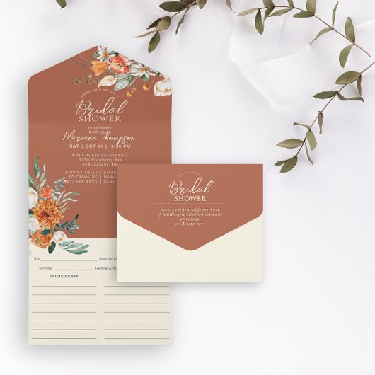 Brautparty und Rezept aus Orange und Weiß All In One Einladung