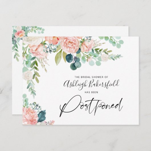 Brautparty verschoben Datum Rosa Farbe Rosa Ankündigungspostkarte (Vorne/Hinten)