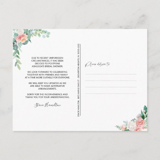 Brautparty verschoben Datum Rosa Farbe Rosa Ankündigungspostkarte (Rückseite)