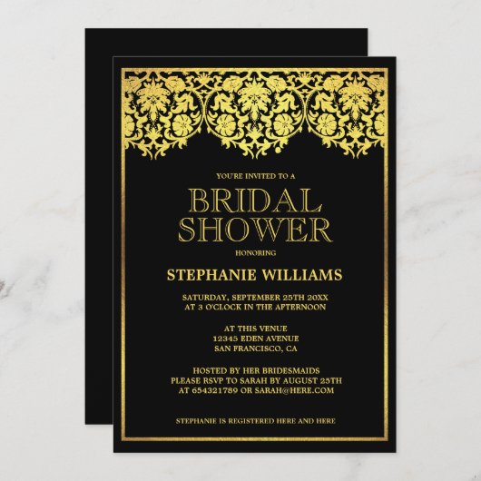 Brautparty | Verziertes Gold Art Deco Damaskus Einladung (Vorne/Hinten)