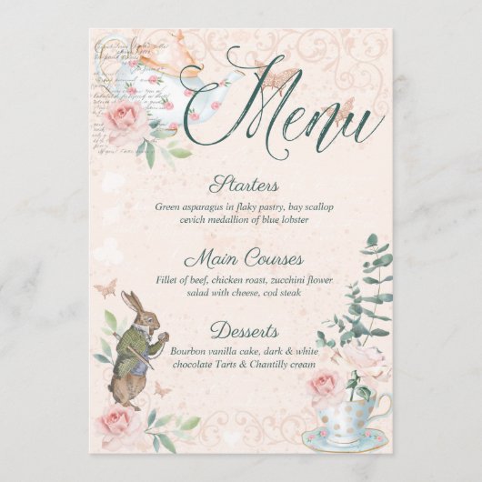 Brautparty Vintage Alice im Wunderland Menükarte (Vorderseite)