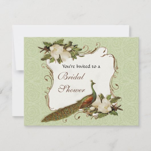 Brautparty - Vintager Pfau-u. Magnolien-Strudel Einladung (Vorderseite)