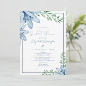 Brautparty von Aquarellblau-Blütenblüten Einladung (Stehend Vorderseite)