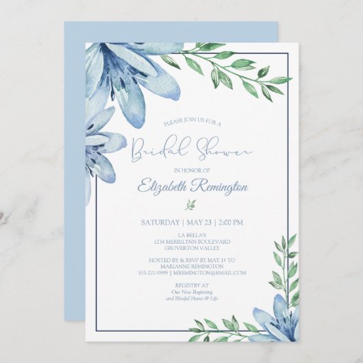 Brautparty von Aquarellblau-Blütenblüten Einladung (Vorne/Hinten)